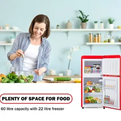 Réfrigérateur combiné 60L, double porte, congélateur 22L, classe E, -27 C à 13 C, rouge