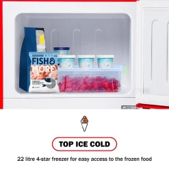 Réfrigérateur combiné 60L, double porte, congélateur 22L, classe E, -27 C à 13 C, rouge