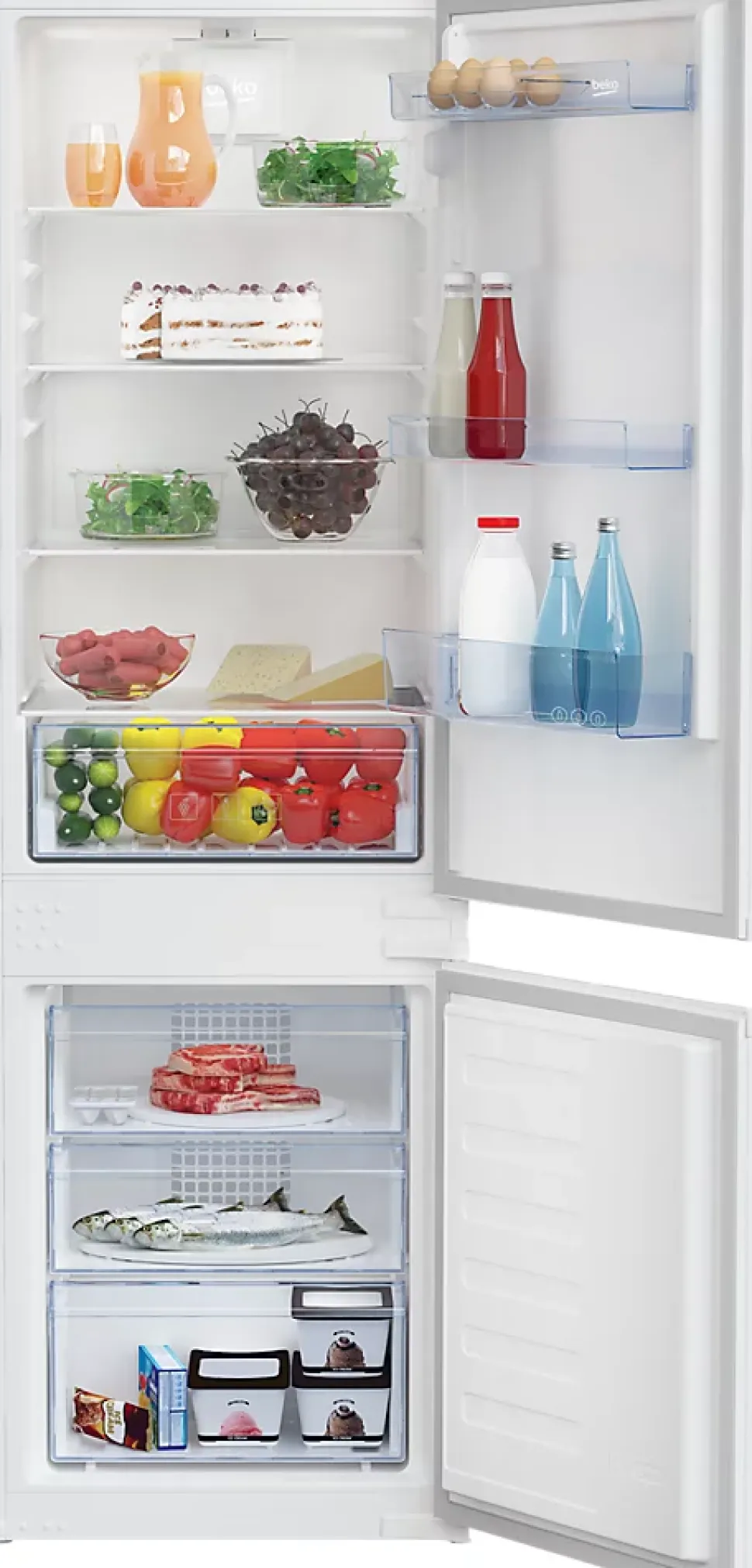 Réfrigérateur congélateur encastrable porte réversible Beko BCSA285K4SFN 193L / 78L, blanc