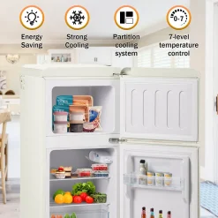 Réfrigérateur rétro avec congélateur, 86.8 x 45.5 cm, 2 portes,60 L de capacité, -27 C - 13 C , éclairage LED, blanc