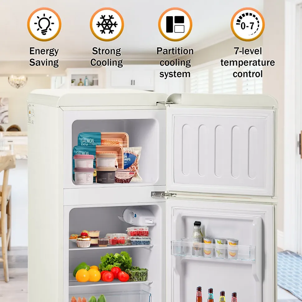 Réfrigérateur rétro avec congélateur, 86.8 x 45.5 cm, 2 portes,60 L de capacité, -27 C - 13 C , éclairage LED, blanc