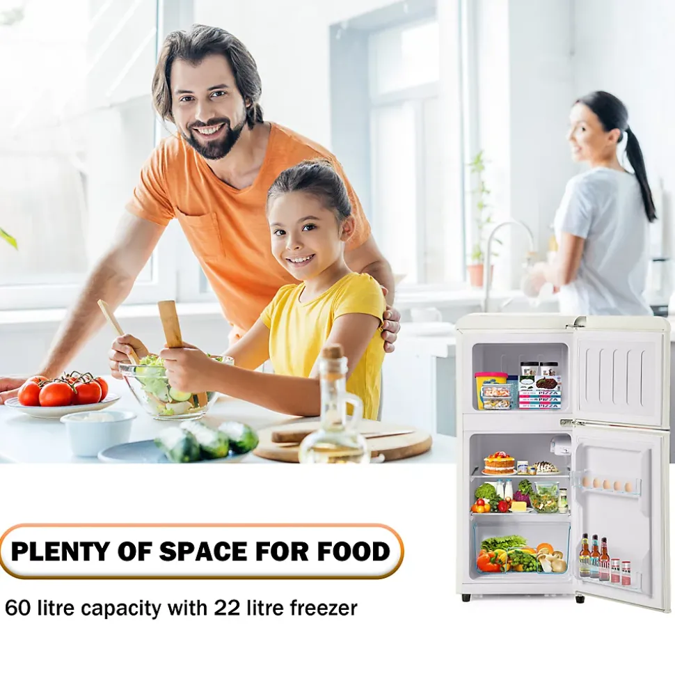 Réfrigérateur rétro avec congélateur, 86.8 x 45.5 cm, 2 portes,60 L de capacité, -27 C - 13 C , éclairage LED, blanc