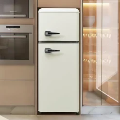 Réfrigérateur rétro combiné 92L, congélateur -27C à 13C, design vintage, blanc antique, LED