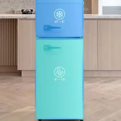 Réfrigérateur rétro combiné 92L, congélateur -27C à 13C, design vintage, blanc antique, LED