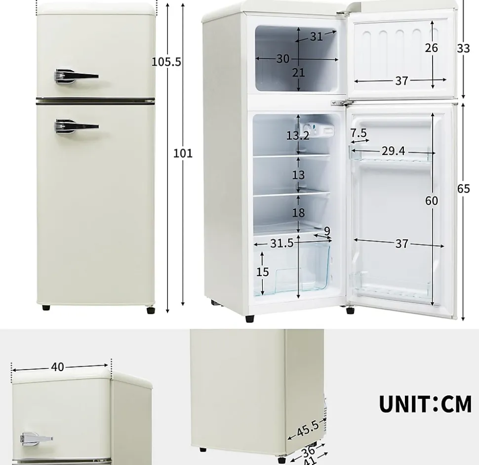 Réfrigérateur rétro combiné 92L, congélateur -27C à 13C, design vintage, blanc antique, LED
