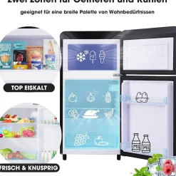 Réfrigérateur rétro 72L, double porte, congélateur 21L, LED, classe E, Noir