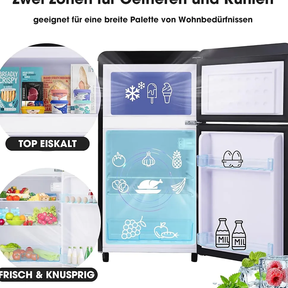 Réfrigérateur rétro 72L, double porte, congélateur 21L, LED, classe E, Noir