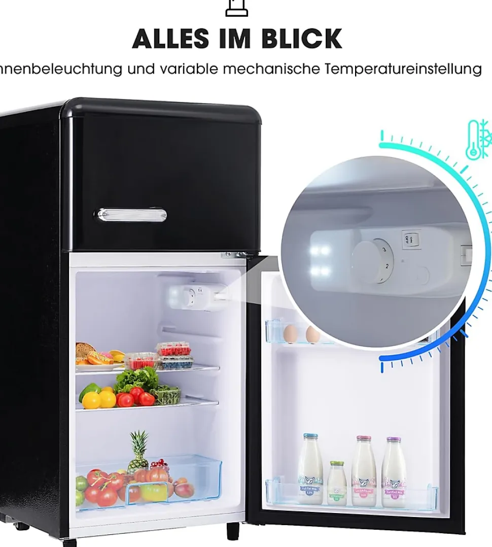 Réfrigérateur rétro 72L, double porte, congélateur 21L, LED, classe E, Noir