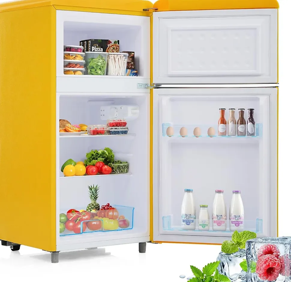 Réfrigérateur rétro 72L, double porte, congélateur 21L, LED, classe E, jaune