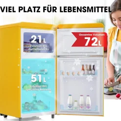 Réfrigérateur rétro 72L, double porte, congélateur 21L, LED, classe E, jaune