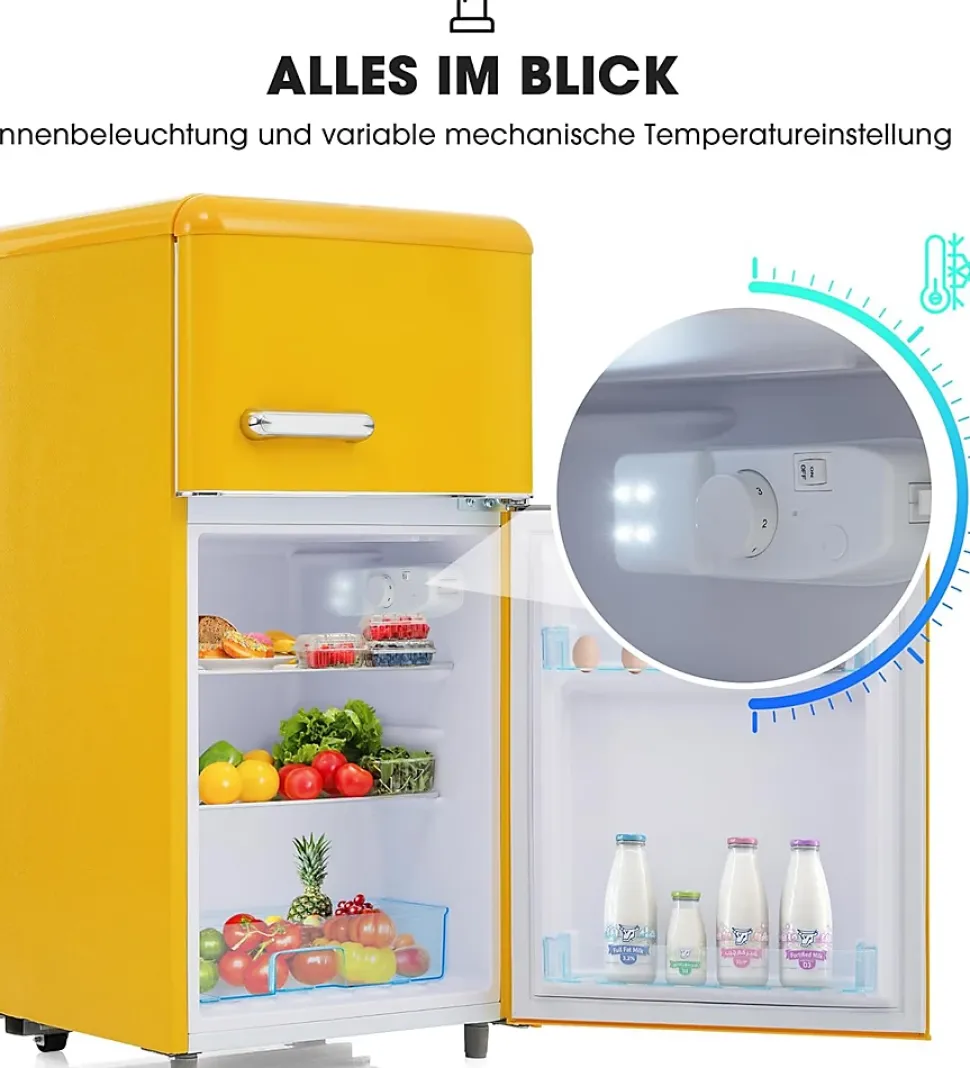 Réfrigérateur rétro 72L, double porte, congélateur 21L, LED, classe E, jaune