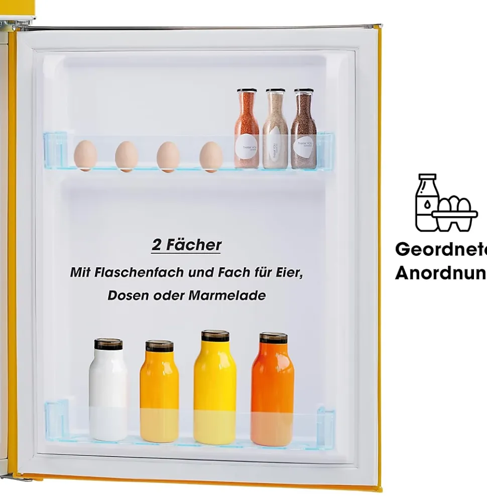 Réfrigérateur rétro 72L, double porte, congélateur 21L, LED, classe E, jaune