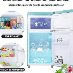 Réfrigérateur rétro 72L, double porte, congélateur 21L, LED, classe E,bleu
