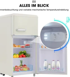 Réfrigérateur rétro 72L, double porte, congélateur 21L, LED, classe E,Blanc