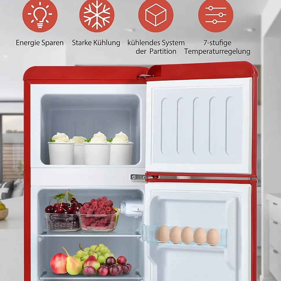 Réfrigérateur vintage Merax 92L, congélateur -27C à 13C, design rétro, rouge, classe énergétique D