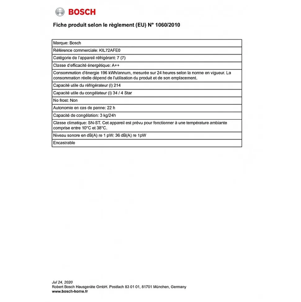 Réfrigérateurs 1 porte 248L Froid Statique BOSCH 55.8cm E, KIL 72 AFE 0