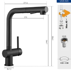 Robinet Cuisine avec Douchette Extractible, Mitigeur de Cuisine en Inox Mitigeur d'Évier avec 2 Modes de Sortie D'eau, Noir