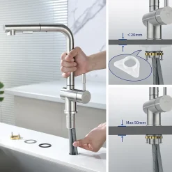 Robinet Cuisine avec Douchette Extractible, Mitigeur de Cuisine en Inox Mitigeur d'Évier avec 2 Modes de Sortie D'eau, Brossé