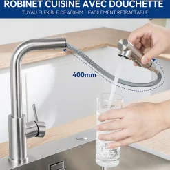 Robinet Cuisine avec Extensible, Mitigeur Cuisine avec Douchette, Melangeur avec Deux Types Jet d'eau