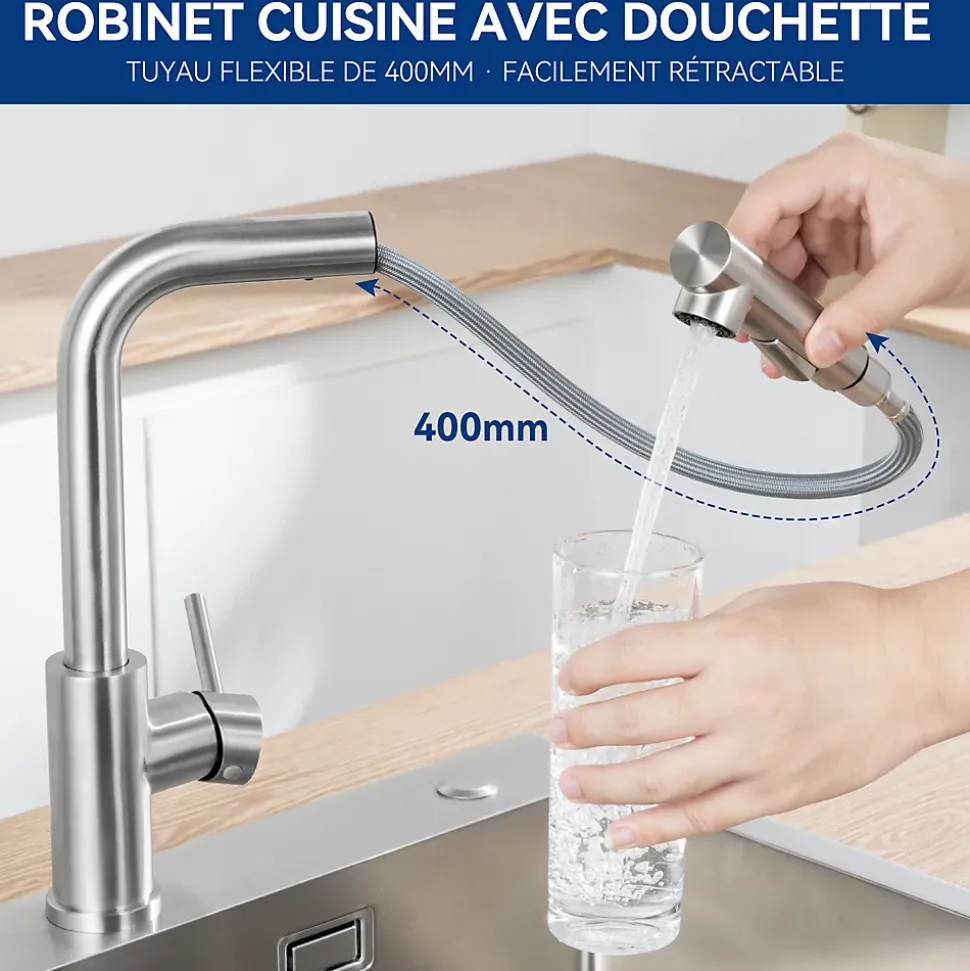 Robinet Cuisine avec Extensible, Mitigeur Cuisine avec Douchette, Melangeur avec Deux Types Jet d'eau