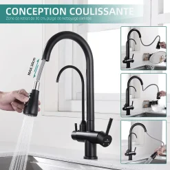 Robinet de Cuisine à 3 Voies Mitigeur de Cuisine Noir avec Douchette Extractible Mitigeur Evier Cuisine Eau Potable