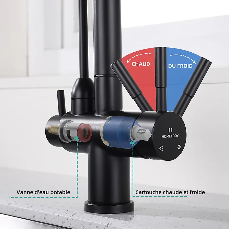 Robinet de Cuisine à 3 Voies Mitigeur de Cuisine Noir avec Douchette Extractible Mitigeur Evier Cuisine Eau Potable