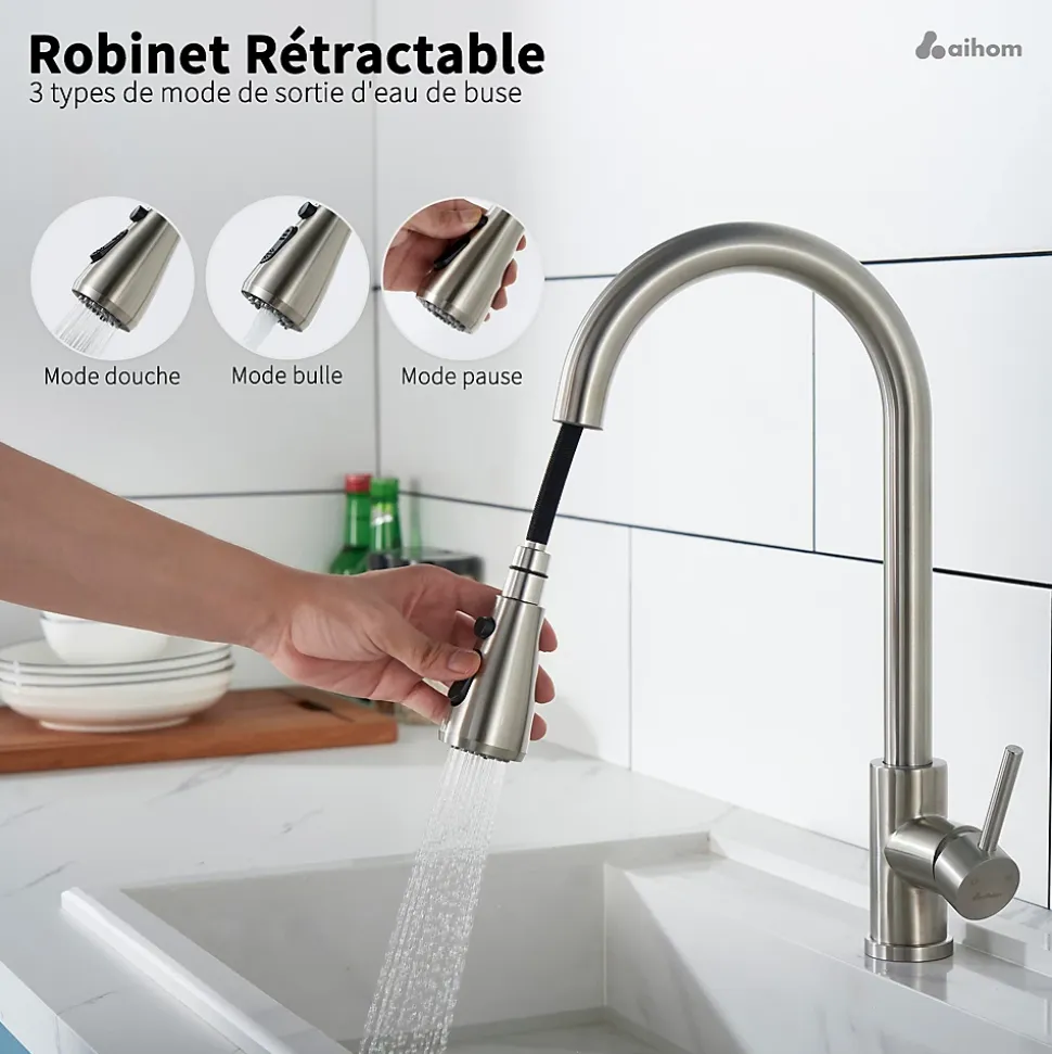 Robinet de Cuisine avec Douchette Extractible Mitigeur Cuisine Brossé en Acier Inox Robinet 3 Modes d'évier Rotatif à 360 degrés
