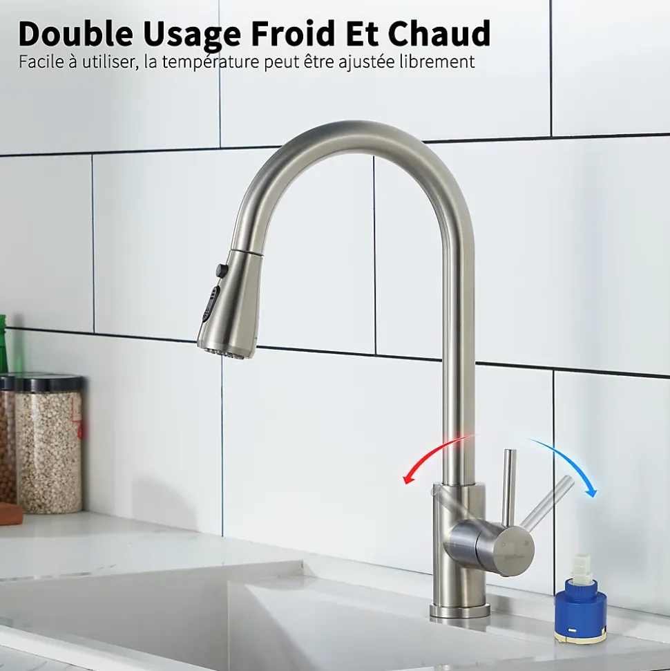 Robinet de Cuisine avec Douchette Extractible Mitigeur Cuisine Brossé en Acier Inox Robinet 3 Modes d'évier Rotatif à 360 degrés