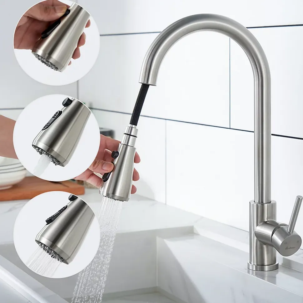 Robinet de Cuisine avec Douchette Extractible Mitigeur Cuisine Brossé en Acier Inox Robinet 3 Modes d'évier Rotatif à 360 degrés