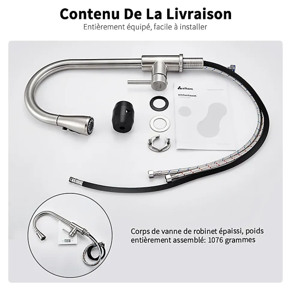 Robinet de Cuisine avec Douchette Extractible Mitigeur Cuisine Brossé en Acier Inox Robinet 3 Modes d'évier Rotatif à 360 degrés