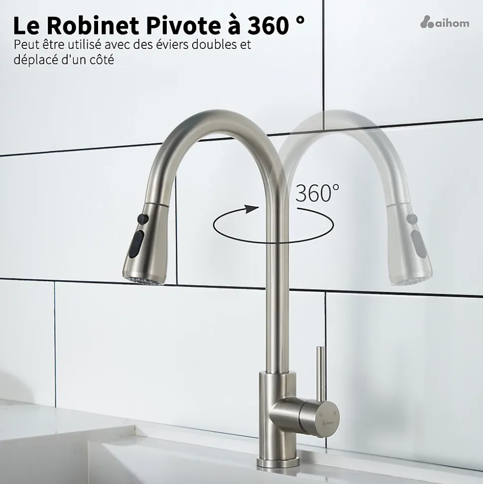 Robinet de Cuisine avec Douchette Extractible Mitigeur Cuisine Brossé en Acier Inox Robinet 3 Modes d'évier Rotatif à 360 degrés