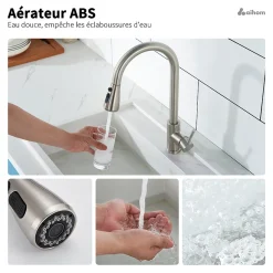 Robinet de Cuisine avec Douchette Extractible Mitigeur Cuisine Brossé en Acier Inox Robinet 3 Modes d'évier Rotatif à 360 degrés