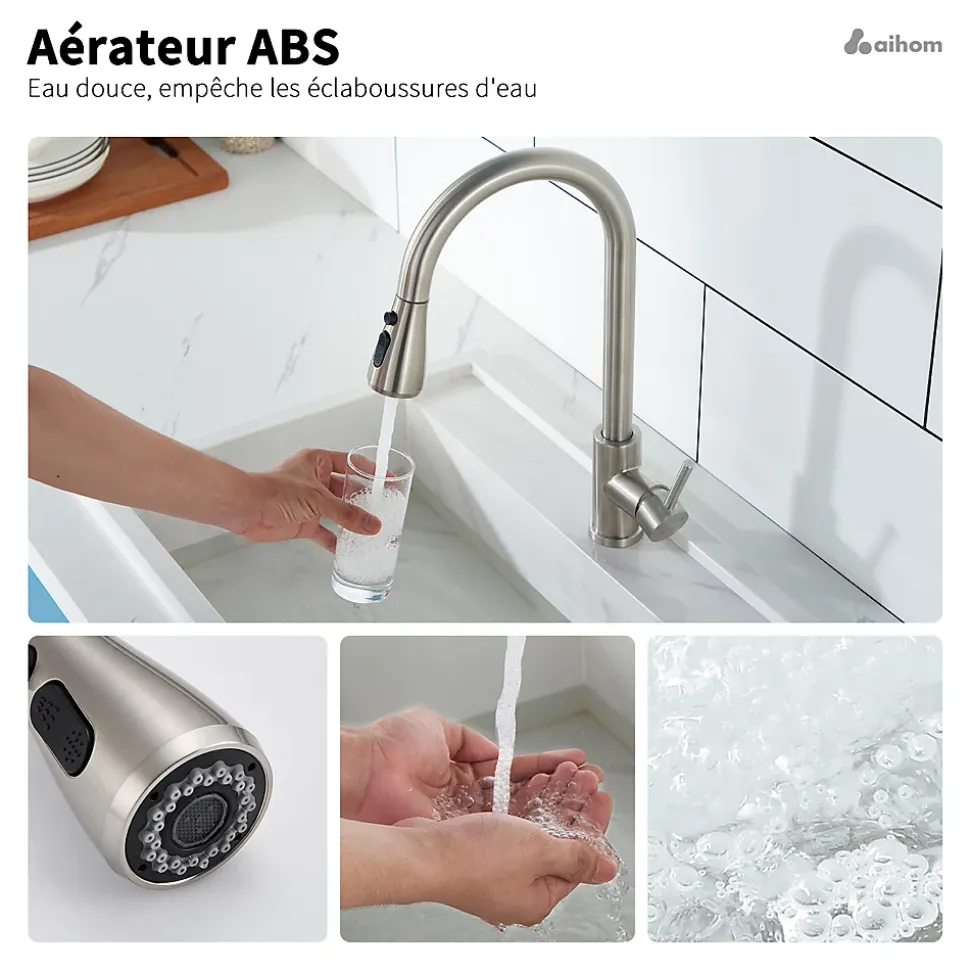 Robinet de Cuisine avec Douchette Extractible Mitigeur Cuisine Brossé en Acier Inox Robinet 3 Modes d'évier Rotatif à 360 degrés