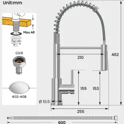 Robinet de Cuisine avec Douchette Extractible, Mitigeur Cuisine en Inox Mitigeur d'Évier avec 2 Modes de Sortie D'eau, Brossé