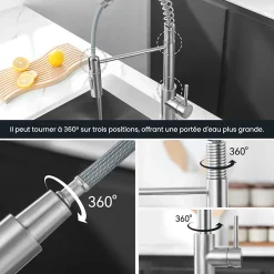 Robinet de Cuisine avec Douchette Extractible, Mitigeur Cuisine en Inox Mitigeur d'Évier avec 2 Modes de Sortie D'eau, Brossé