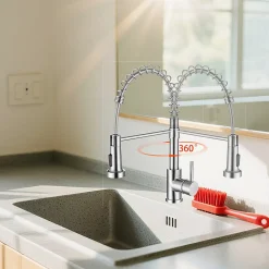 Robinet de cuisine avec douchette, Rotation 360, 2 jets, Finition brossée Acier Inoxydable 304, Pour évier standard