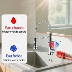 Robinet de cuisine avec douchette, Rotation 360, 2 jets, Finition brossée Acier Inoxydable 304, Pour évier standard