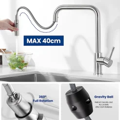 Robinet de Cuisine avec Douchette Extractible, Mitigeur Cuisine en Inox Mitigeur d'Évier avec 2 Modes de Sortie D'eau, Brossé