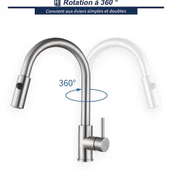 Robinet de Cuisine avec Douchette Extractible Mitigeur d'évier Bec Rotatif 360 degrés Robinet en Acier Nickel Brossé