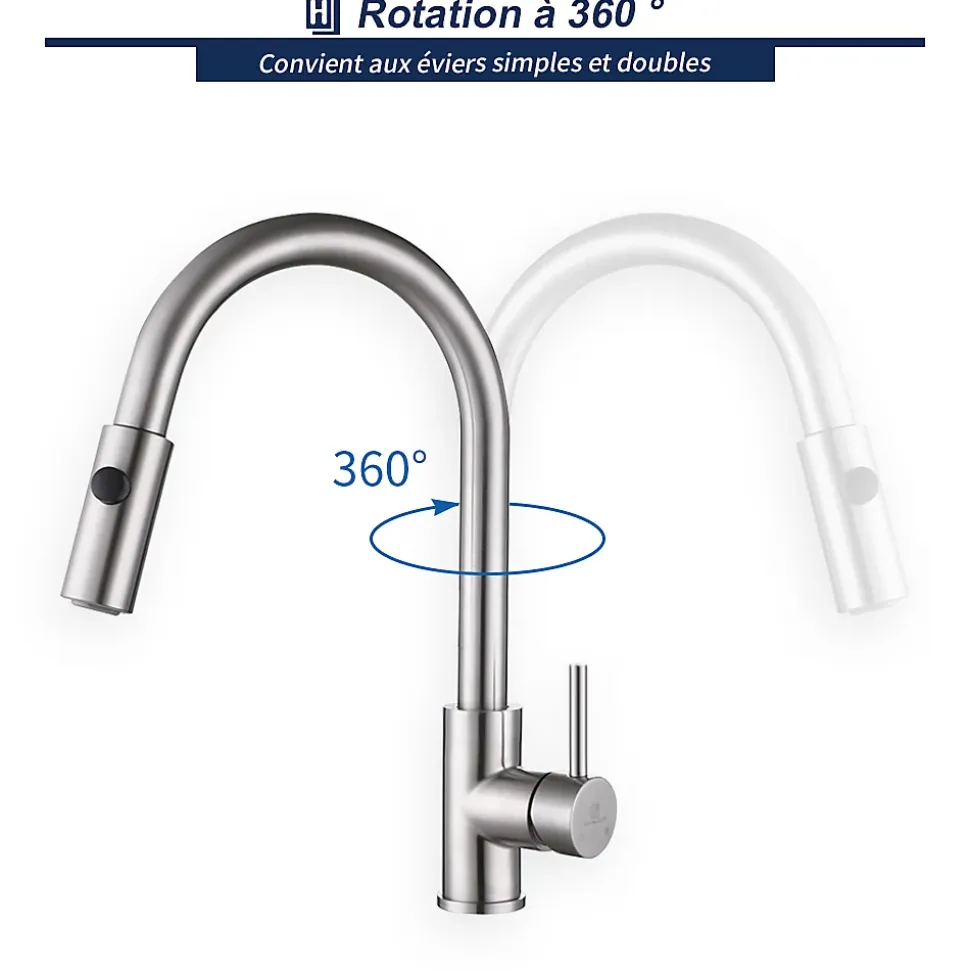 Robinet de Cuisine avec Douchette Extractible Mitigeur d'évier Bec Rotatif 360 degrés Robinet en Acier Nickel Brossé