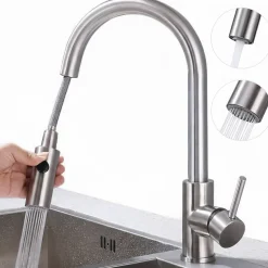 Robinet de Cuisine avec Douchette Extractible Mitigeur d'évier Bec Rotatif 360 degrés Robinet en Acier Nickel Brossé