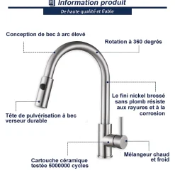 Robinet de Cuisine avec Douchette Extractible Mitigeur d'évier Bec Rotatif 360 degrés Robinet en Acier Nickel Brossé