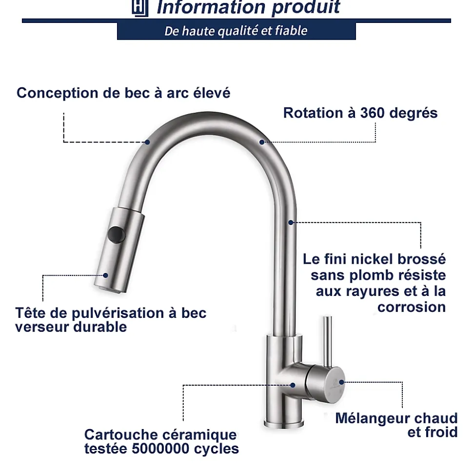 Robinet de Cuisine avec Douchette Extractible Mitigeur d'évier Bec Rotatif 360 degrés Robinet en Acier Nickel Brossé