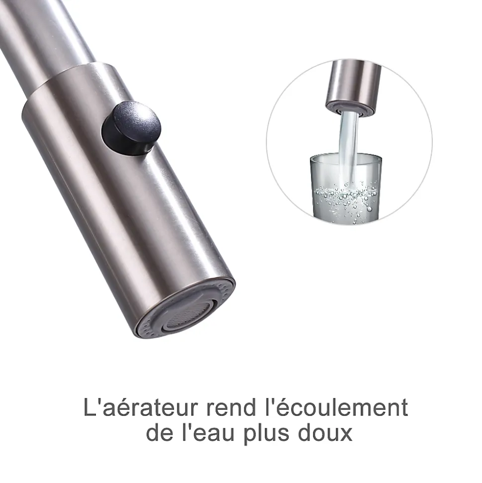 Robinet de Cuisine avec Douchette Extractible Mitigeur d'évier Bec Rotatif 360 degrés Robinet en Acier Nickel Brossé