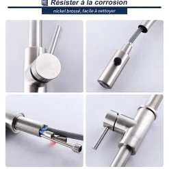 Robinet de Cuisine avec Douchette Extractible Mitigeur d'évier Bec Rotatif 360 degrés Robinet en Acier Nickel Brossé