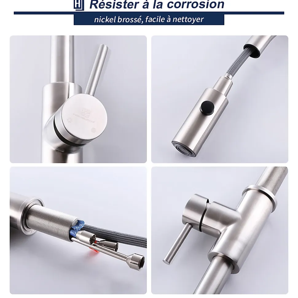 Robinet de Cuisine avec Douchette Extractible Mitigeur d'évier Bec Rotatif 360 degrés Robinet en Acier Nickel Brossé