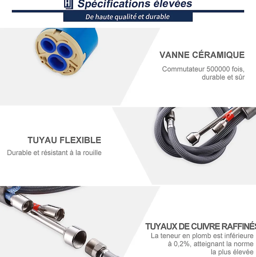 Robinet de Cuisine avec Douchette Extractible Mitigeur d'évier Bec Rotatif 360 degrés Robinet en Acier Nickel Brossé