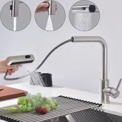 Robinet de Cuisine Brossé avec Douchette Extracible Mitigeur d'Evier à 3 Modes Robinet de Cuisine Rotatif à 360 degrés