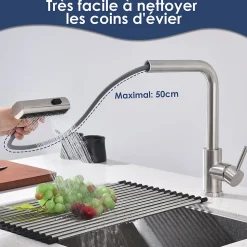Robinet de Cuisine Brossé avec Douchette Extracible Mitigeur d'Evier à 3 Modes Robinet de Cuisine Rotatif à 360 degrés