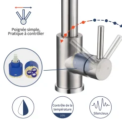 Robinet de Cuisine Brossé avec Douchette Extracible Mitigeur d'Evier à 3 Modes Robinet de Cuisine Rotatif à 360 degrés